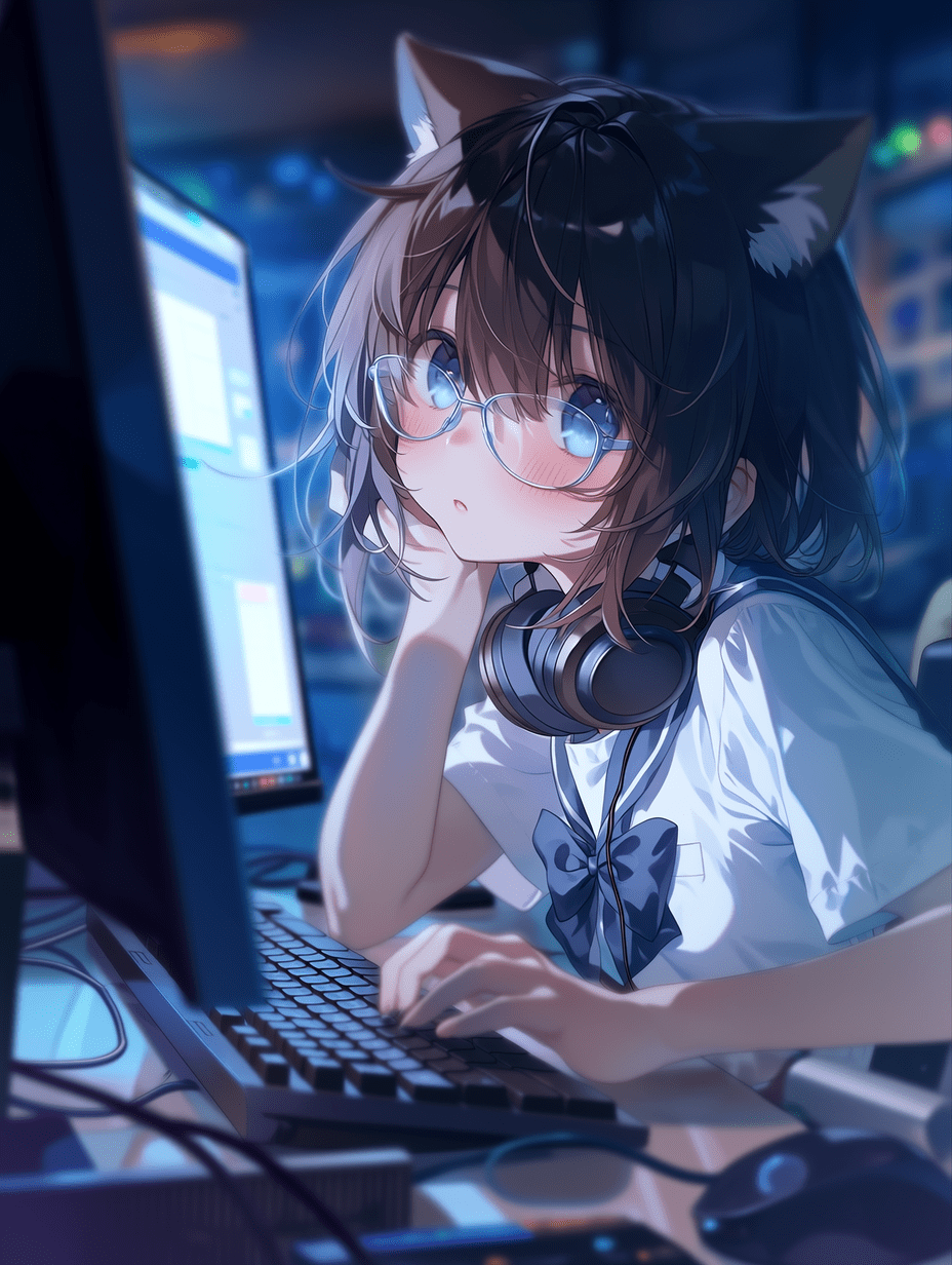 动漫风格，猫耳少女在电脑前工作，动态中景构图，浅景深背景虚化，三分法构图，平视视角展现专注神情，屏幕反射光源