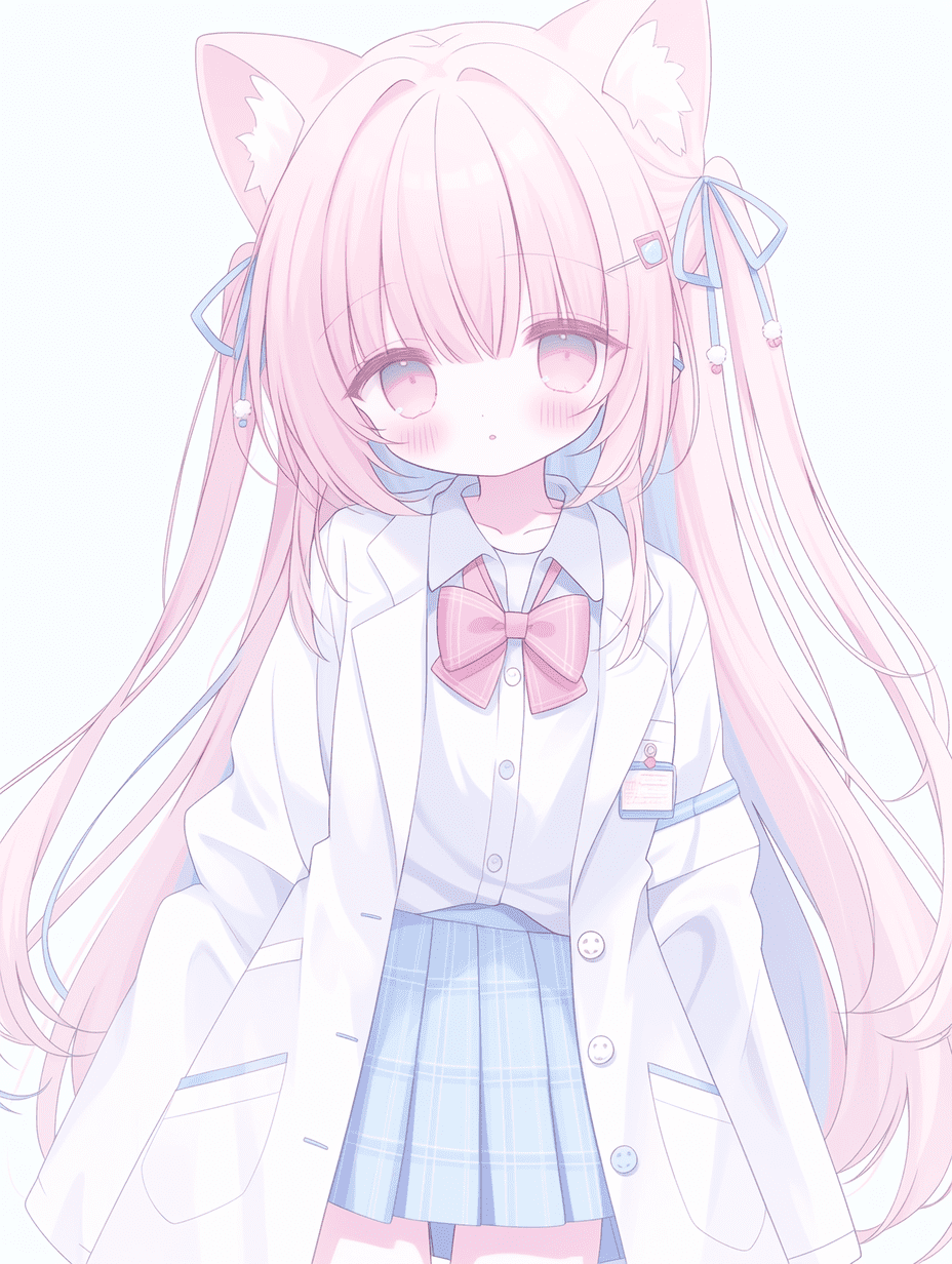 动漫风格，粉发猫耳少女，身着校服与实验服，粉彩配色，柔和光线，精细角色设计，杰作，最佳质量，高度细节