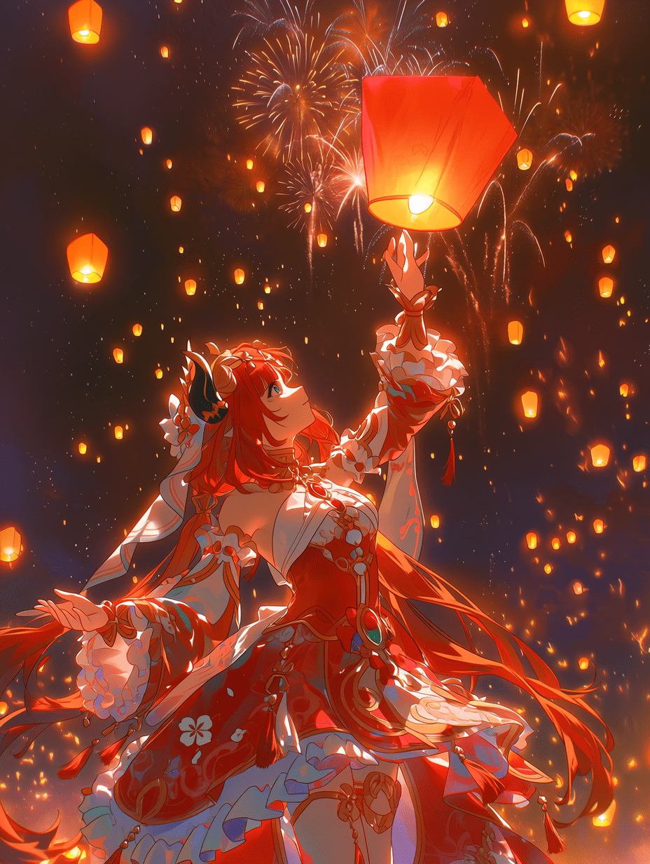 妮露，《原神》角色，春节主题，身穿带有荷叶边和梅花图案的喜庆红白连衣裙，标志性的红色长发与额角小角清晰可见，手提一盏发光的红色纸灯笼，仰望夜空，背景中数百盏橙色天灯升空，烟花在空中绽放，色彩鲜艳热烈，