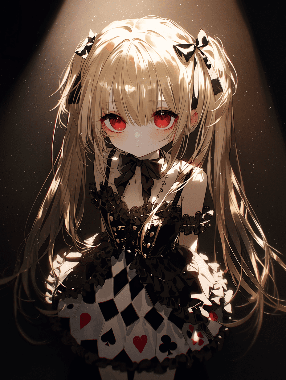 动漫风格，金发双马尾少女，红瞳，身着黑红扑克牌主题礼服，头顶戏剧性聚光，周围漂浮着闪烁粒子，高对比度，神秘氛围，电影级光影