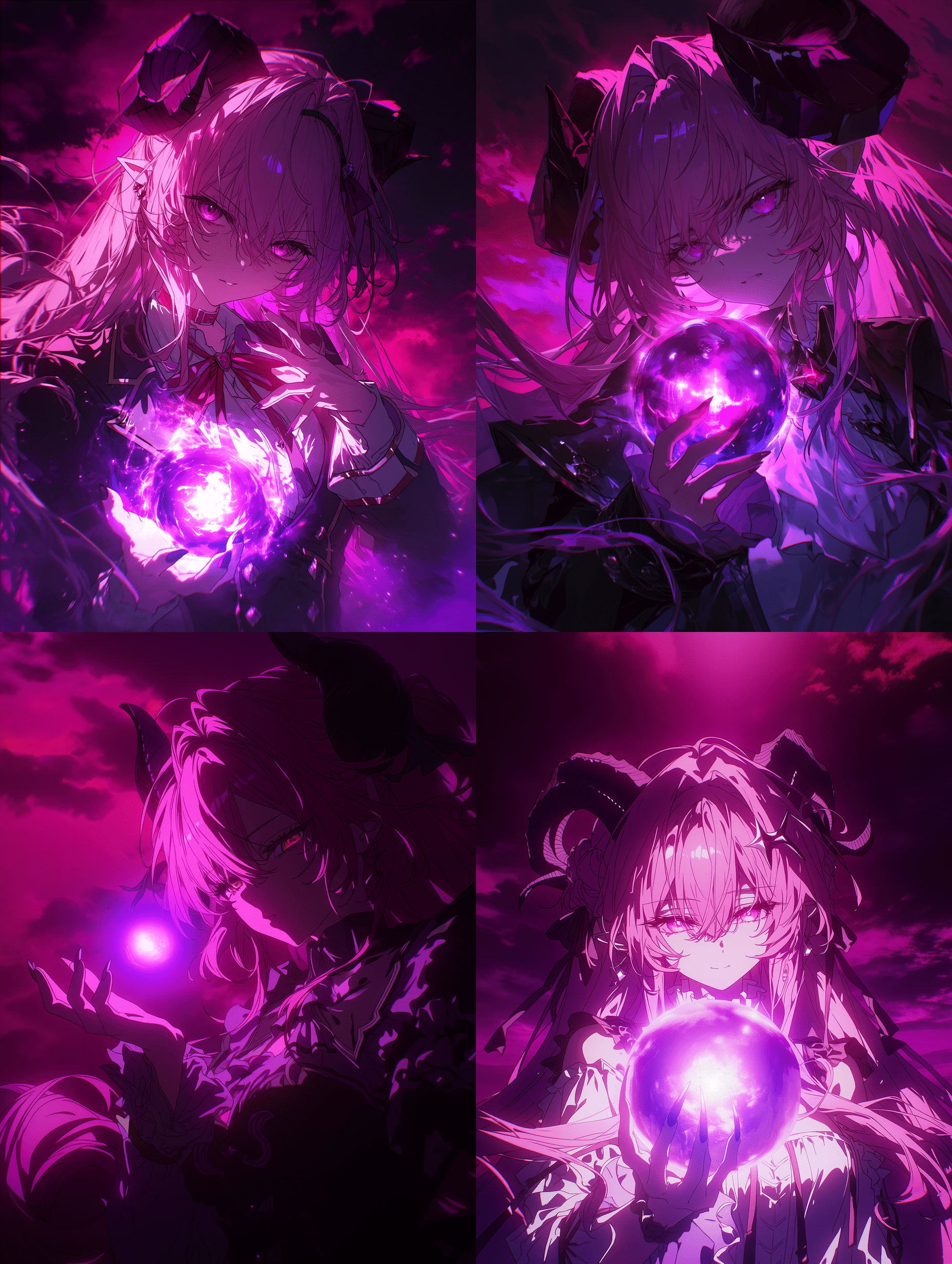 动漫风格插画，粉发恶魔少女正在施放魔法，紫色光球散发出强烈的体积光，氛围阴郁，深邃的阴影与鲜艳的品红色天空形成对比，电影级构图，角与头发边缘有轮廓光，增强对比度。