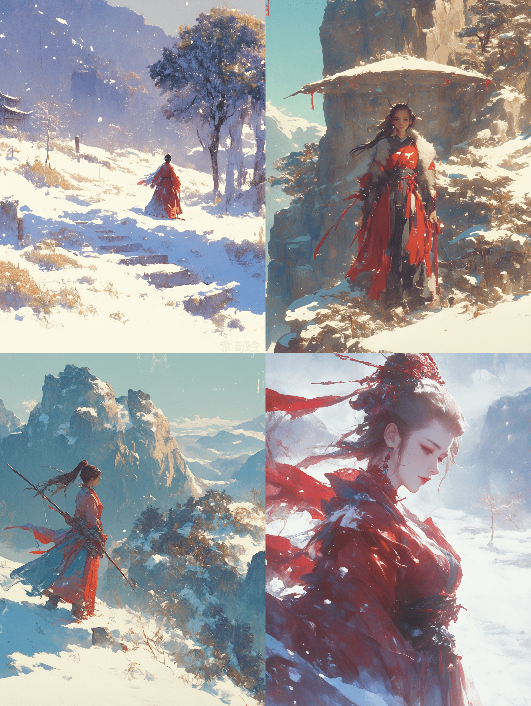 一位年轻的中国少女优雅地行走在凌冬的雪山之间，她身着传统的红色汉服，与洁白的雪景形成鲜明对比。轻柔的雪花在她周围飘落，营造出宁静而诗意的氛围。电影级广角镜头，柔和的冬日光线，超精细细节，空灵意境，中国