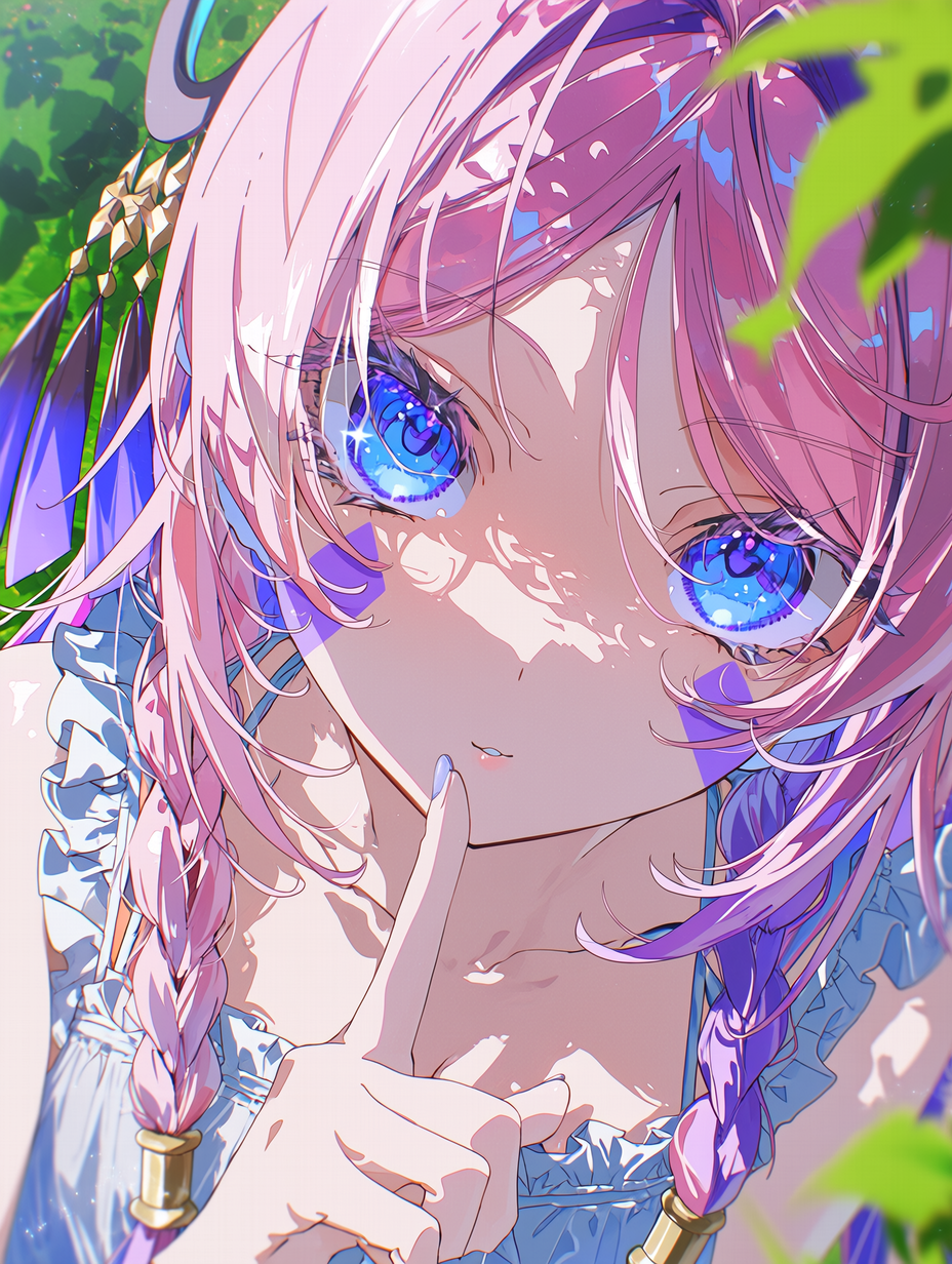 特写肖像画，描绘名为Citlali的少女，夏日清新主题，手指轻触嘴唇并仰视观者。明亮的蓝色眼睛带有细致闪耀的高光，目光温柔。长长的粉紫色渐变双马尾自然垂落，两侧佩戴金色与蓝色相间的发饰。身穿浅蓝色无袖