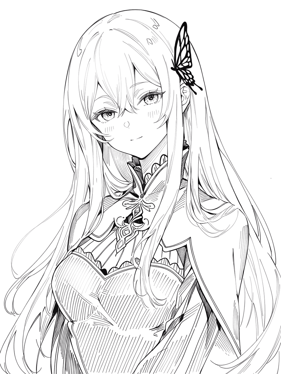 动漫风格，来自《Re:Zero》的艾奇多娜，发丝如流水般细腻飘逸，服饰纹理繁复精致，佩戴精致蝴蝶形发饰，眼神锐利且富有高光，布料细节纤毫毕现，8K超高清分辨率，线条清晰锐利。
