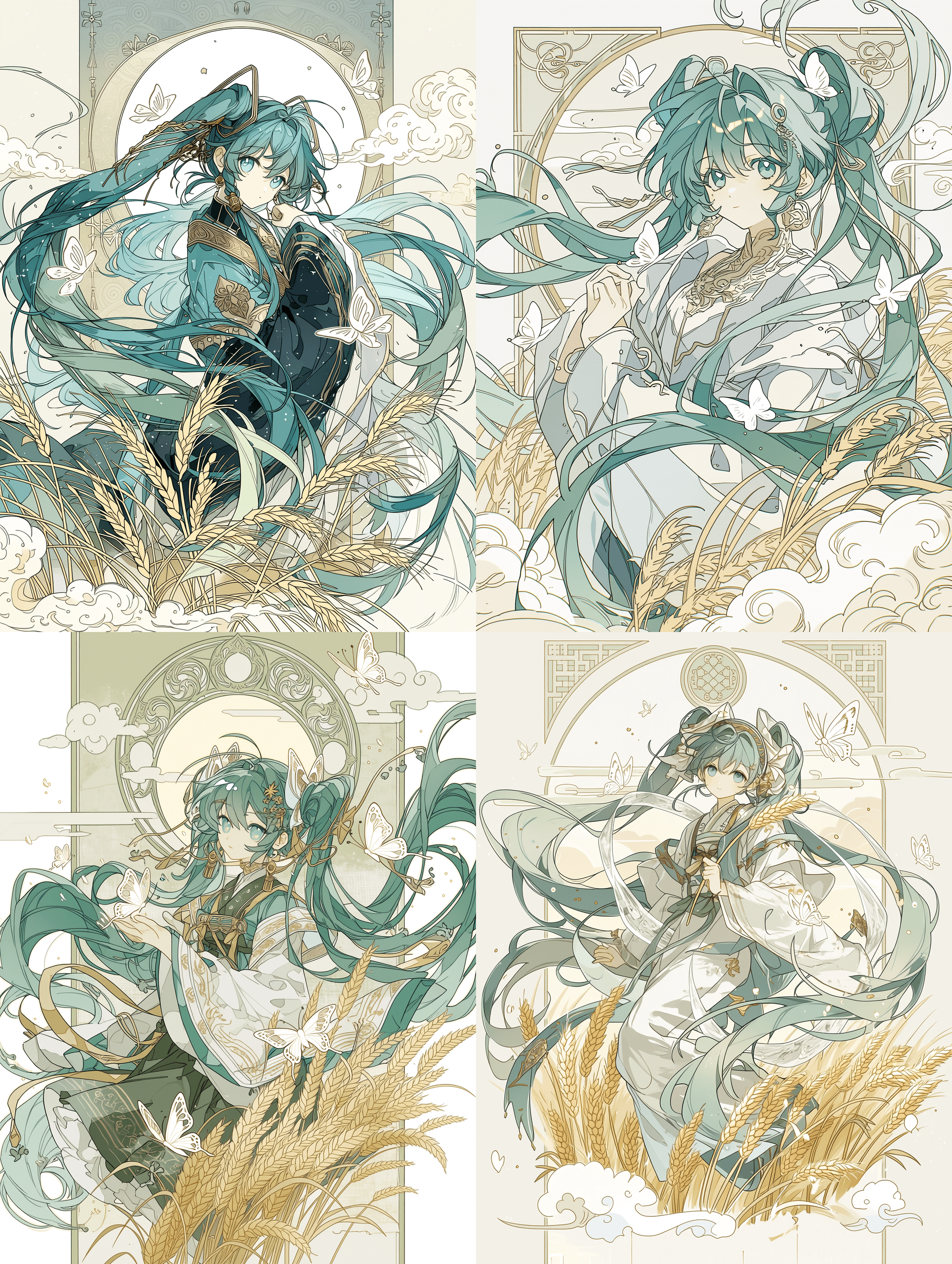 梦幻传统风格中的空灵初音未来，青绿色长发如水流般飘逸，白色蝴蝶翩翩飞舞，身着优雅的传统服饰，背景为金色麦田，极简而精致的圆形纹样与云朵装饰，柔和晕染与锐利线条结合，充满魔法氛围，艺术感十足且轻盈灵动，