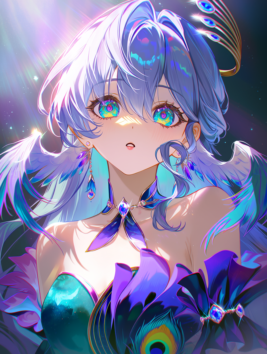 《崩坏：星穹铁道》中知更鸟的精细动漫插画，神圣偶像美学，虹彩孔雀羽毛，青绿色丝绒长裙的丝绸质感，闪耀的光环，空灵的光晕，电影级光影，柔和的体积光，镶嵌发光宝石的精致首饰，富有表现力的多彩眼眸，飘逸的发