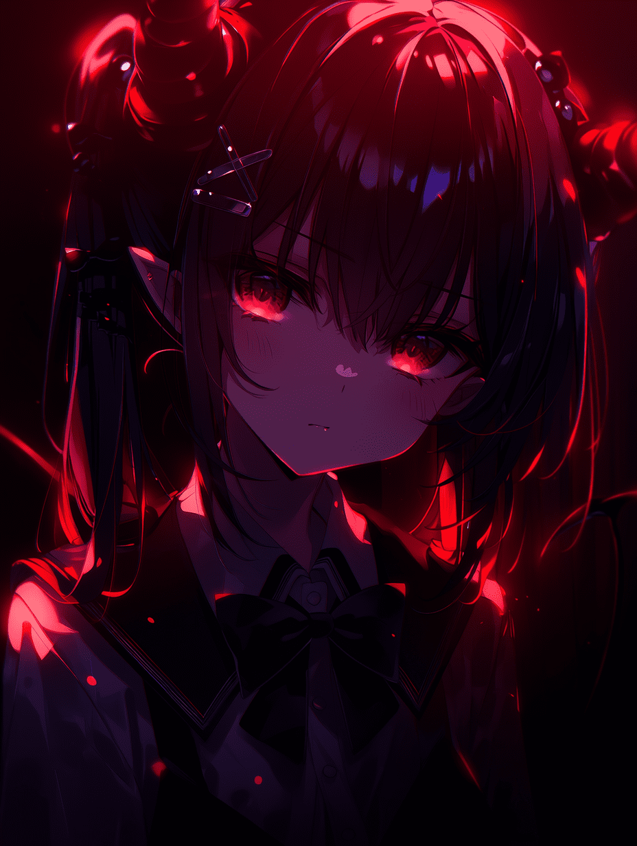 动漫风格，魅魔少女，戏剧性轮廓光，发光的红色点缀，情绪化氛围，电影级布光，强烈的凝视，鲜艳的红色与深暗色调，高对比度，专业数字艺术