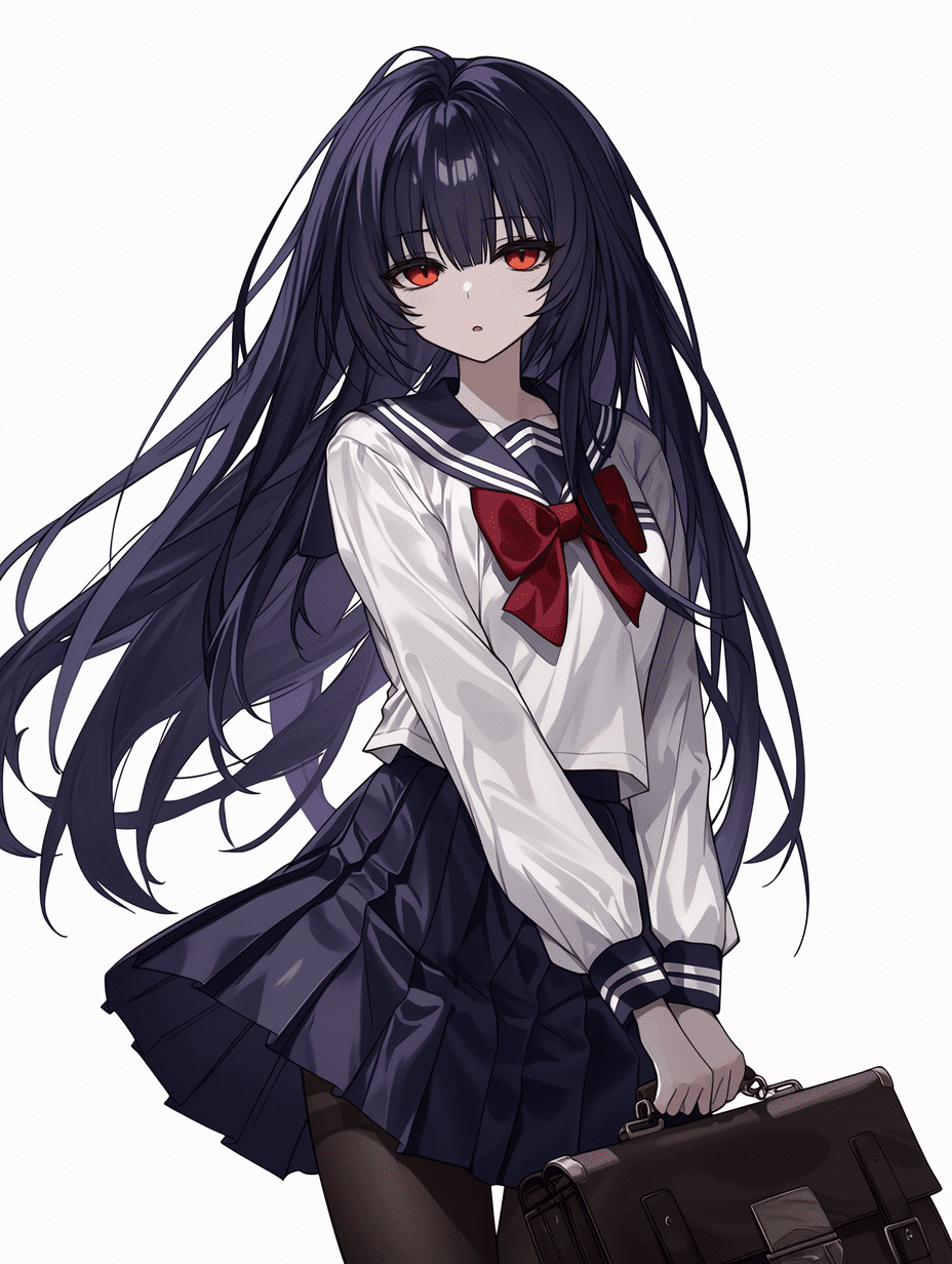 动漫风格，深紫色长发少女身穿水手服，佩戴红色蝴蝶结，红色眼睛，黑色连裤袜，手持公文包，发丝超精细，制服布料褶皱复杂，服装纹理细腻，焦点锐利，眼睛细节丰富并带有高光