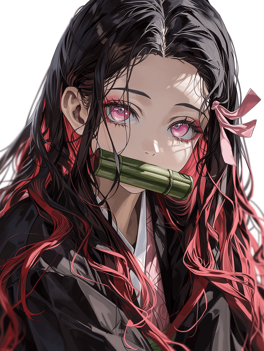 动漫风格插画，灶门祢豆子，极致细腻地描绘了乌黑与赤红交织的长发，深色和服上繁复的衣褶纹理，焦点集中于粉红色的眼眸与竹制口枷，高度精细，8K分辨率，细腻质感。