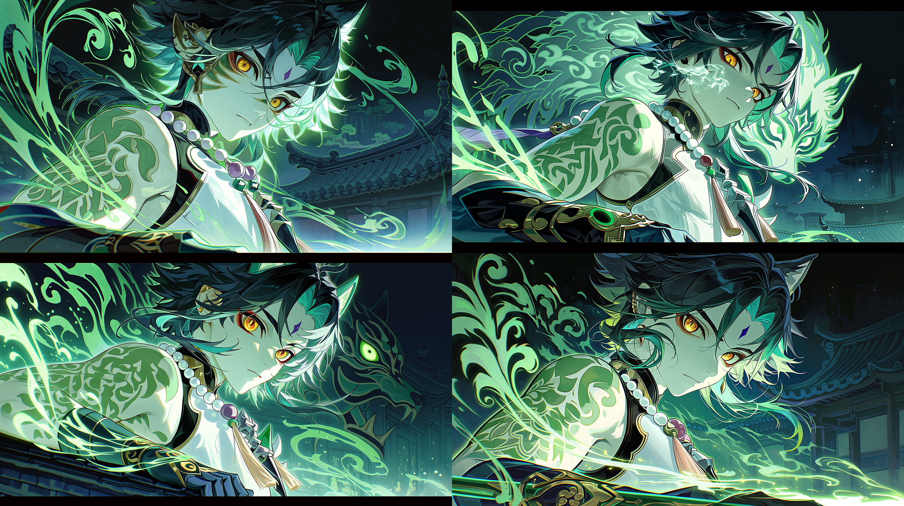 杰作，高质量，动漫风格，厚重的厚涂油画质感搭配手绘墨线勾勒，原神中的魈，冷白瓷般的肌肤，散发光芒的金白色双眼，精致的面部特征，冷漠的神情，动态持武器的姿势，侧脸特写，夜晚站在屋顶上。鲜艳的绿色能量在体