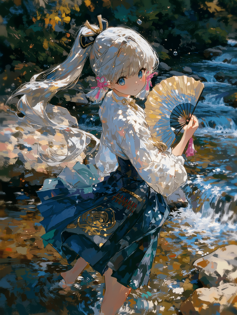 神里绫华以印象派油画风格呈现，富有艺术笔触与厚重肌理，银白色高马尾发丝柔顺飘动，蓝眸含着梦幻凝视，黑金发饰与粉红流苏耳坠清晰可见，白色上衣呈现油彩质感，深蓝长裙饰有金色纹章，手持传统折扇，赤足伫立于溪