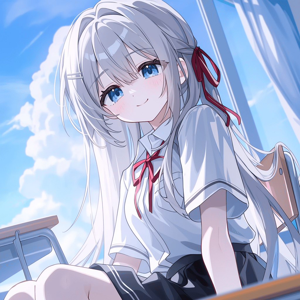 动漫风格，银发蓝眼少女，头发系着红色发带，身穿白色外套与黑色短裙的校服，坐在靠窗的书桌旁，窗外是明亮的蓝天与白云，光线柔和，面带温柔微笑，杰作，最佳质量，高度细节