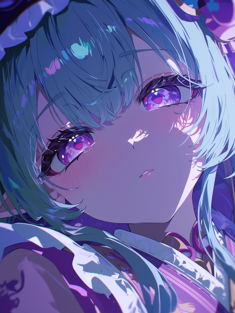 细致的动漫插画，描绘梦见月瑞希，妖怪美学风格，光泽蓝绿色长发带有柔和高光，富有表现力的紫色眼眸呈现细腻反光，繁复的粉紫色和服搭配白色蕾丝边饰，灯笼散发的体积感夜光，紫色妖怪灵体细节，专业数字艺术，面部