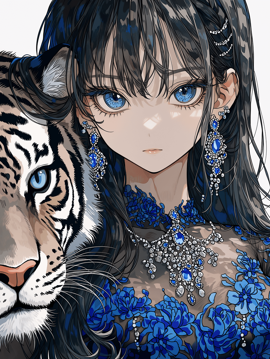 动漫风格插画，一位拥有醒目蓝眸与飘逸长黑发的年轻女子，极致细腻地刻画了老虎的毛发纹理与肌肉形态，透明薄纱上布满精致的蓝色花卉图案，聚焦于面部特征与宝石首饰，8K分辨率，清晰锐利的细节