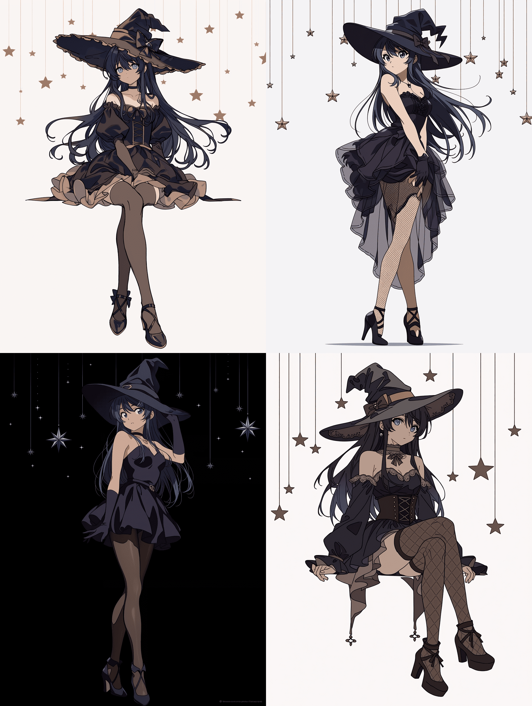 动漫风格，樱岛麻衣，身着魔女服装，全身肖像，三分法构图，平衡的构图，平视镜头，优雅的姿势，背景干净并悬挂着星星，专业动漫艺术风格，高分辨率