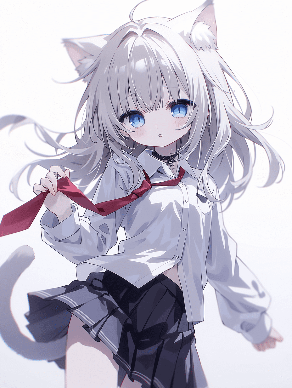 动漫风格，银发猫娘，中景构图，动态姿势手持红色领带，画面平衡，浅景深，专业级动漫插画，干净美学，杰作