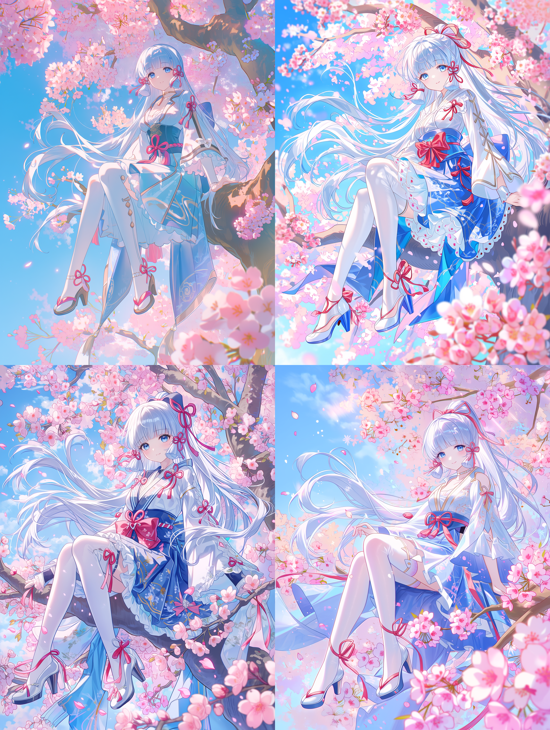 神里绫华，原神，春日樱花风格，长发如瀑的银白色秀发，湛蓝双眸，身着白蓝相间的改良和服，点缀红色蝴蝶结装饰，搭配白色过膝长袜与系有红丝带的高跟鞋，端坐于樱花枝头，漫天粉樱盛开，湛蓝天空为背景，柔和阳光透