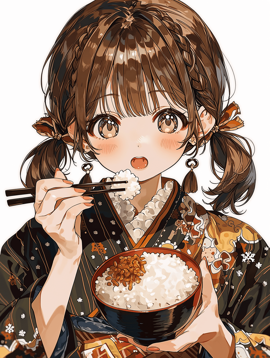 动漫风格，一位可爱的棕色双马尾女孩，和服面料细节繁复，食物与米饭碗超精细呈现，女孩富有表现力的面部清晰聚焦，纹理细腻，细节 crisp，8K 分辨率，温馨的冬日氛围