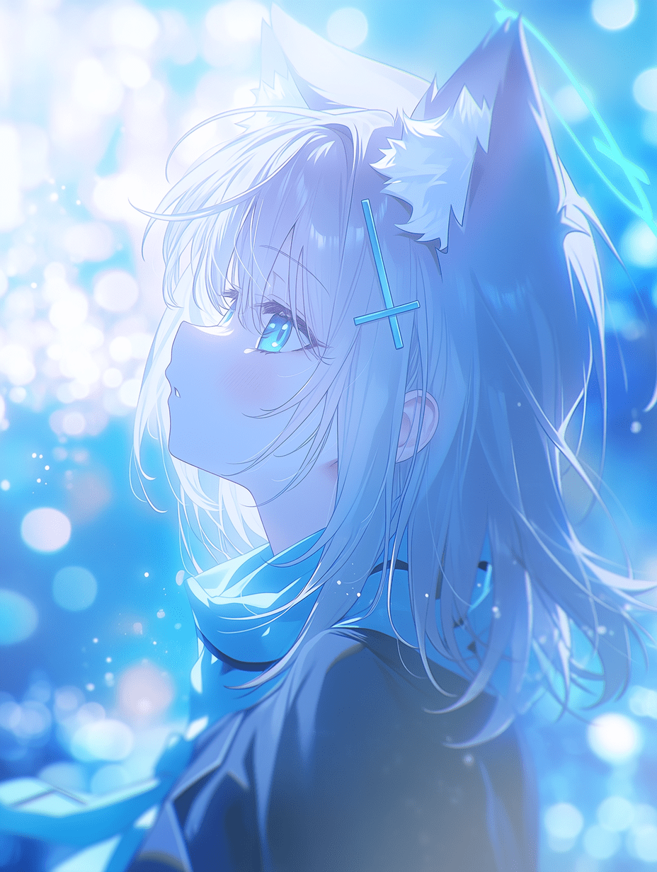 动漫风格，来自《Blue Archive》的银发猫耳少女，柔和的漫射光，空灵的光晕，电影级氛围，梦幻的虚化背景，冷色调配色，增强的光影效果，高清画质