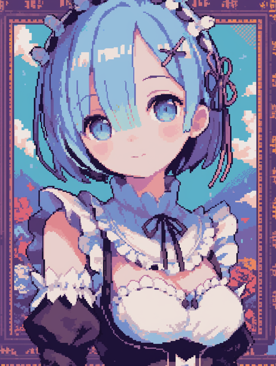 来自《Re:Zero》的蕾姆，采用鲜艳的Q版角色设计，像素艺术风格，精细的像素明暗处理，复古游戏美学，8-bit角色造型，边缘清晰，怀旧感十足，游戏截图风格，色彩丰富，细节精致。