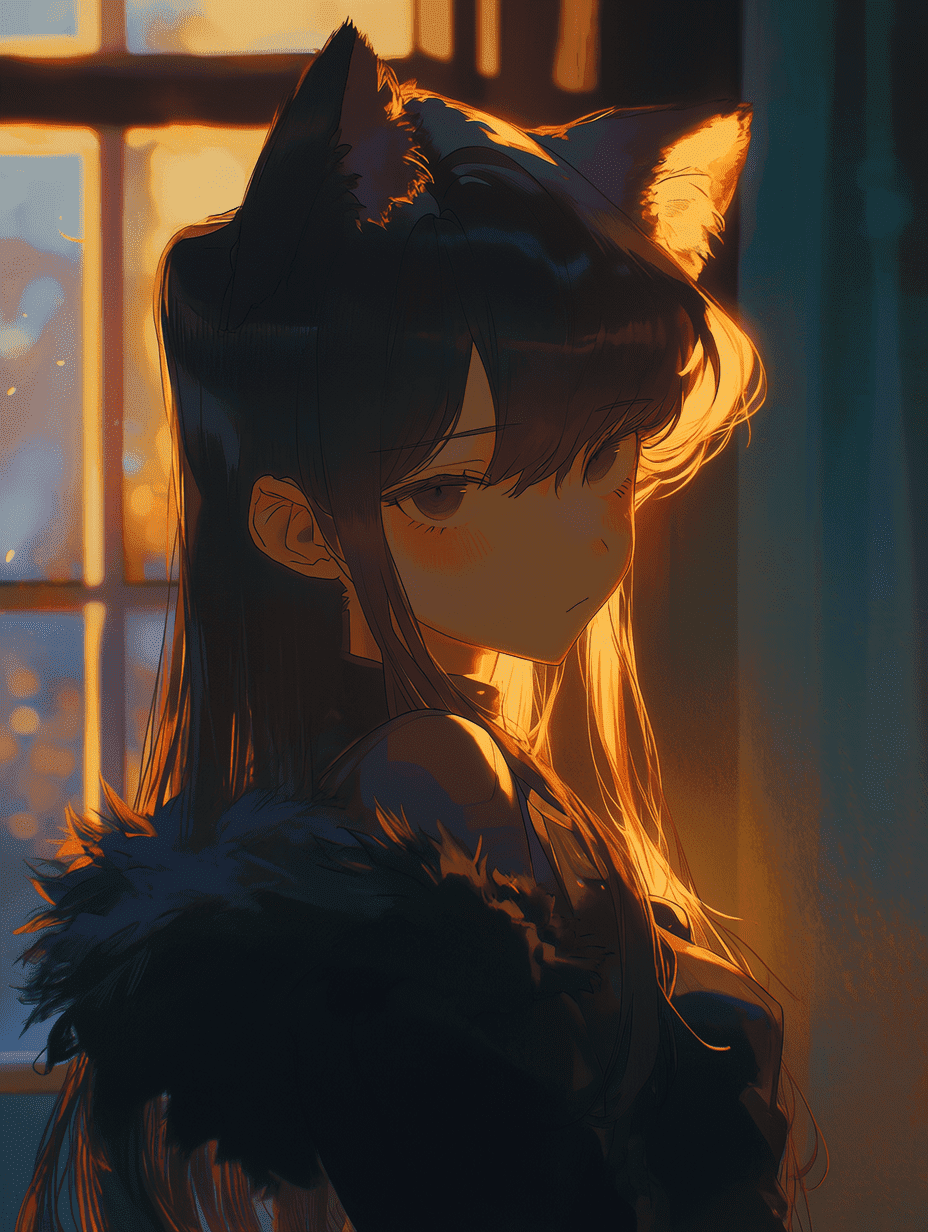 动漫插画，Komi Shouko 穿着黑猫女仆装，金色时刻的阳光透过窗户洒落，温暖的轮廓光映照在发丝与肩头，柔和的漫射光晕，增强冷暖色彩对比，氛围感十足，柔和阴影，梦幻情绪，电影级氛围。