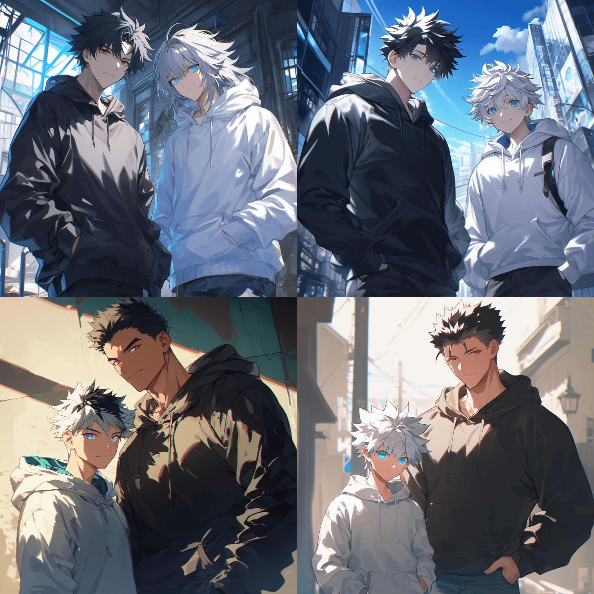 两位动漫风格的异父兄弟，身高相差14厘米，高大的兄长黑发短发、猩红锐利双眼，身着黑色连帽衫，冷峻英俊；矮小的弟弟银色狼尾发、明亮湛蓝双眼，穿着白色运动衫，温柔微笑，面容柔和，两人并肩站立于现代都市背景