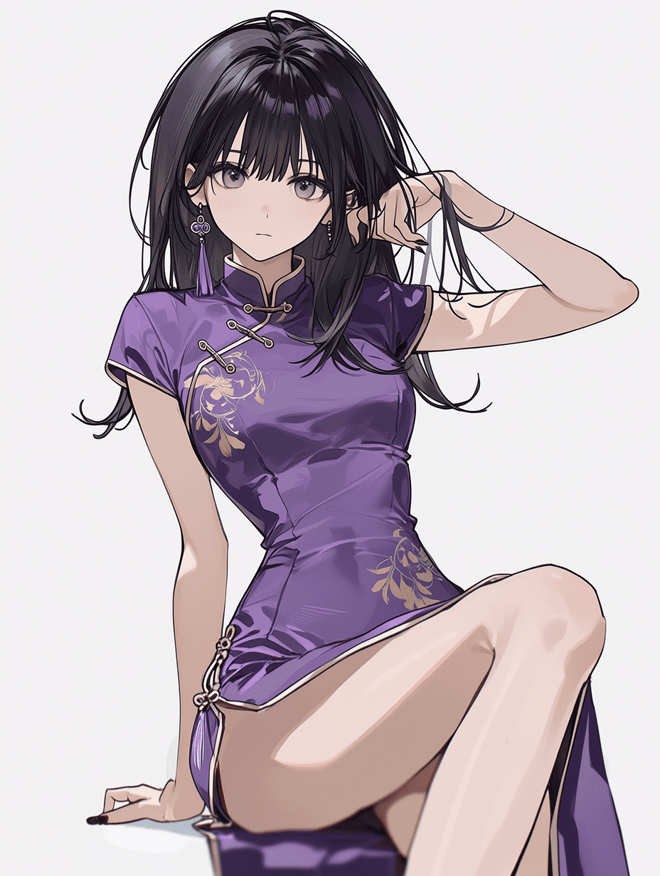 动漫风格插画，一位美丽的年轻女子，乌黑长发，身着紫色旗袍，优雅地动态摆姿，手轻触发丝与腰臀，中景构图，遵循三分法，浅景深，专业摄影风格，干净极简背景，视觉平衡