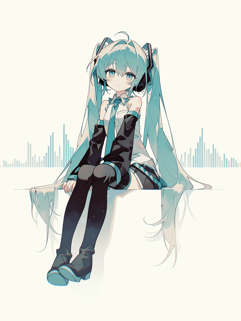 动漫风格，初音未来坐在窗沿，拥有长长的青绿色双马尾，身着黑白配色带领结的制服，背景为数字均衡器光效，柔和光线，粉彩色调，全身像，杰作，最高画质，细节丰富