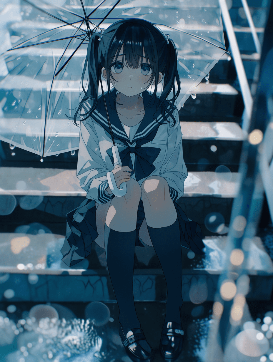 动漫风格，一位留着黑色双马尾、身穿水手服的悲伤少女，坐在湿漉漉的楼梯上，撑着一把透明雨伞。采用三分法构图，浅景深效果，背景呈现散景，平视视角，画面平衡，具有电影般的视角感。