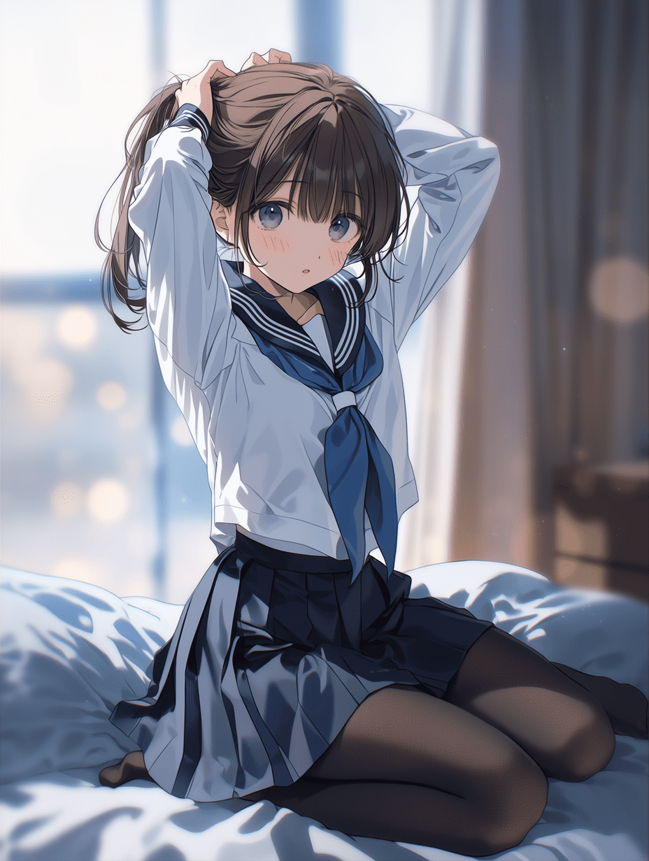 动漫风格，一位身穿水手服、佩戴蓝色领结的年轻女生，棕色马尾辫由双手在脑后系起，跪坐在床上，穿着黑色丝袜，采用三分法构图，浅景深，背景为虚化的窗景，平视角度，构图均衡，电影级运镜