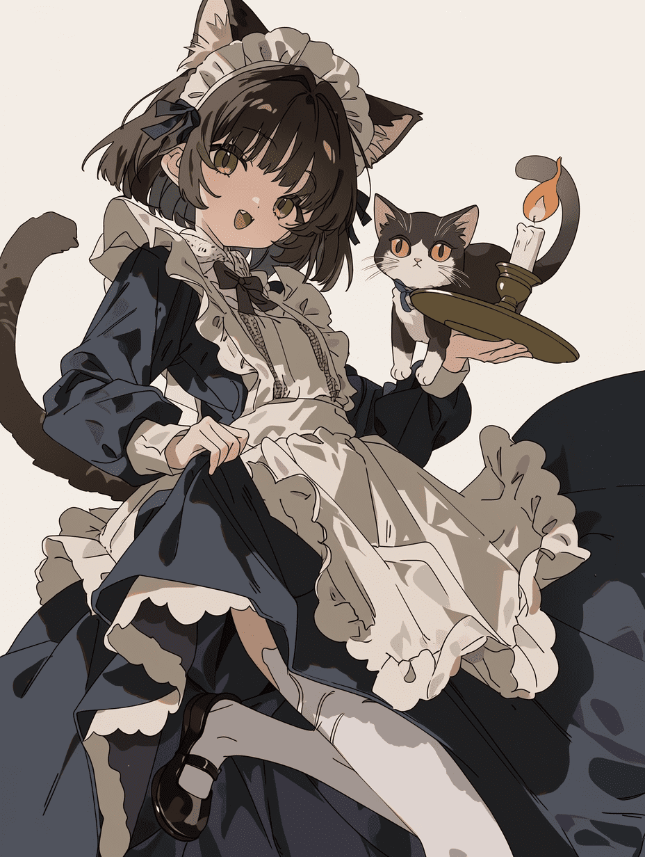 动漫插画，猫娘女仆与一只小猫，中景构图，遵循三分法，浅景深聚焦于角色，动态姿势手持蜡烛，低角度视角，布料褶皱细腻精美。