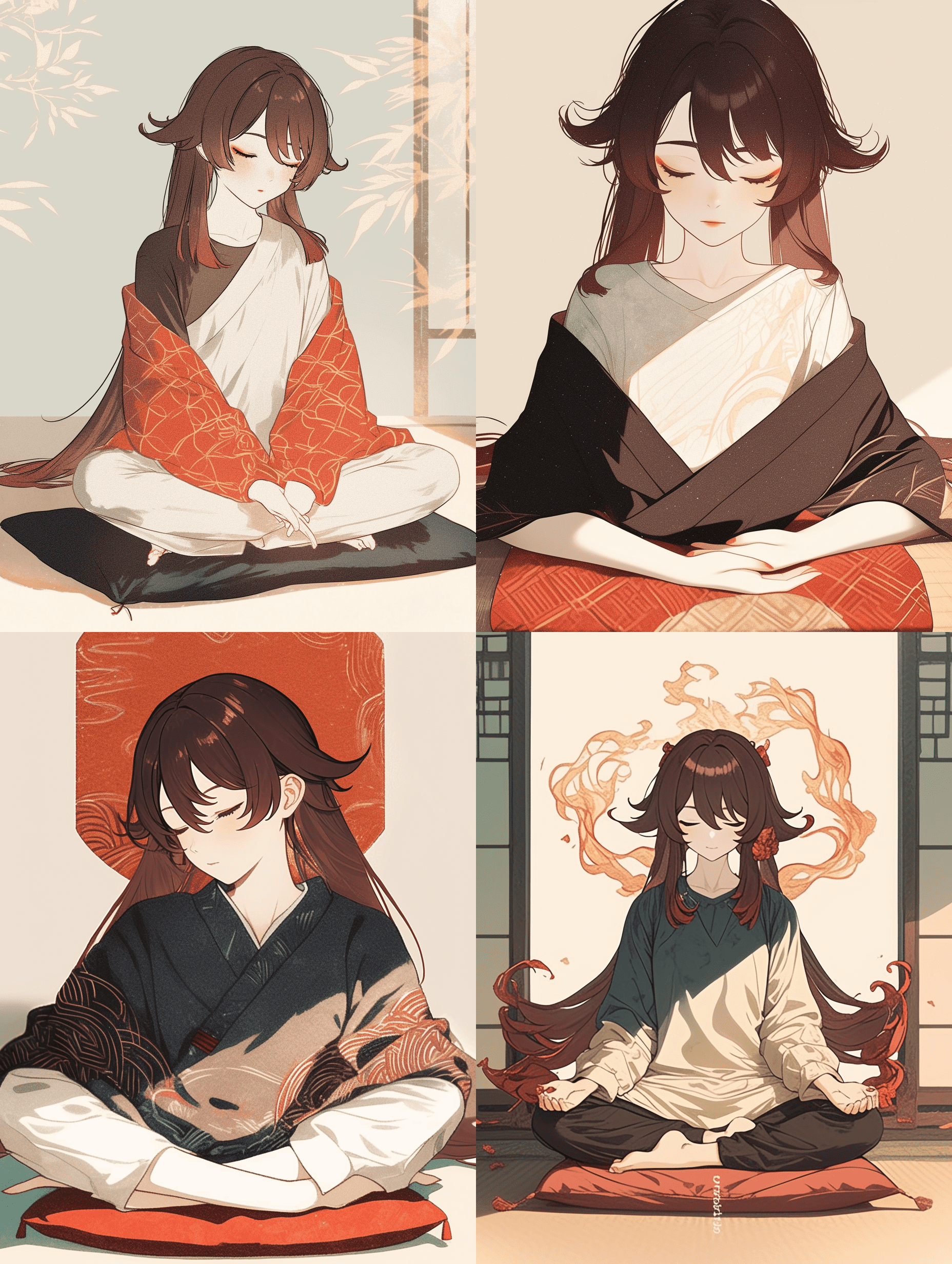 《原神》中胡桃的浮世绘木版画风格图像，她静坐于蒲团上冥想，棕红色头发以传统日本艺术风格呈现，画面以鲜艳的红色与奶油色为主调，采用平面构图并融入细腻几何纹样，受北斋影响的杰作，线条精致，充满灵性氛围。