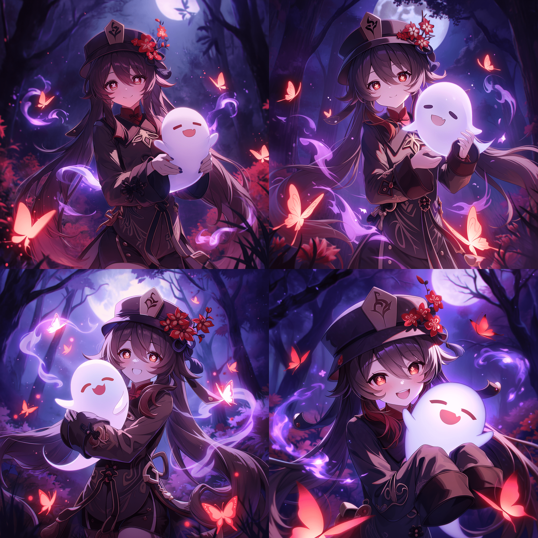《原神》中的胡桃，身穿标志性的深棕色外套与缀有梅花的帽子，长长的双马尾随风轻扬，手中捧着一只发光的白色小幽灵。她站在神秘的夜间森林中，周围漂浮着深红色蝴蝶与紫色灵雾，瞳孔呈梅花形状，散发红光。柔和月光