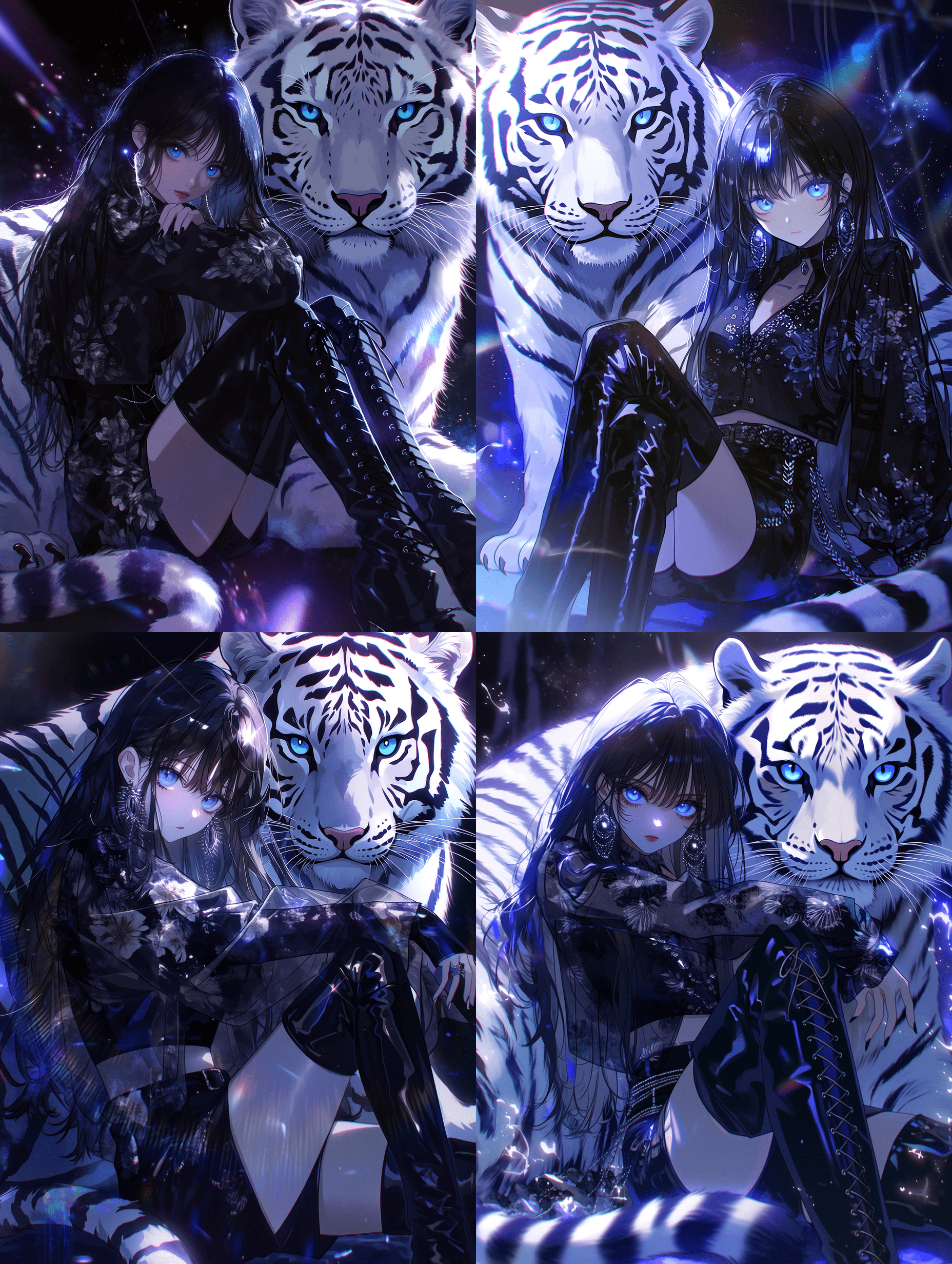 动漫风格插画，一位长黑发、蓝眼睛的年轻女子，身穿黑色花卉图案服装和过膝靴，坐在一只蓝眼大型白虎前方；画面采用戏剧性的轮廓光、柔和辉光效果，强化蓝紫色调，点缀魔法闪光，使用体积光营造电影感氛围。