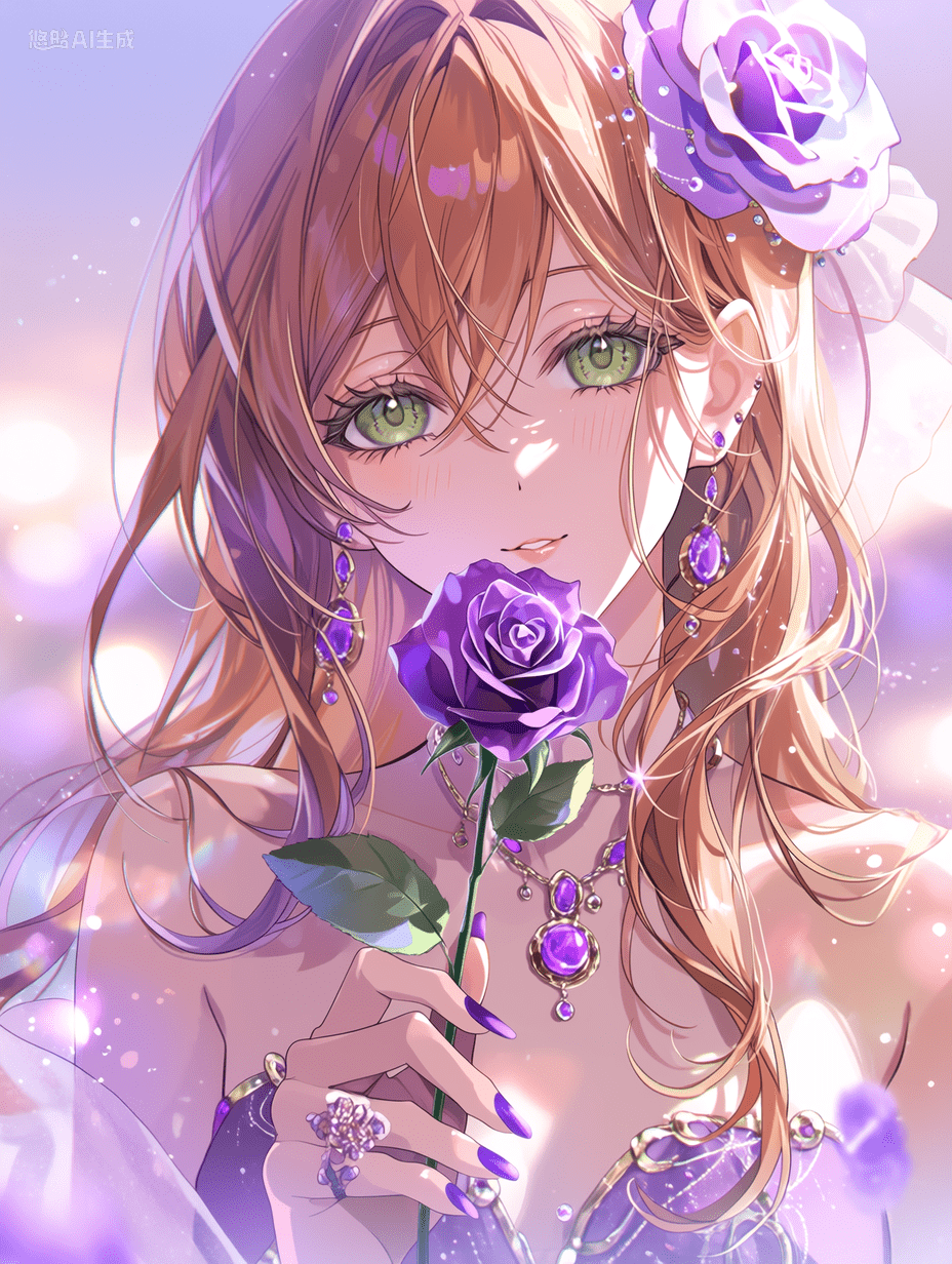 动漫风格，Love Live中的莉莎，金棕色头发，绿色眼睛，手持紫色玫瑰，佩戴紫色珠宝，散发微光的氛围，柔和的粉彩色调，中景构图，杰作，最佳质量，高度细节
