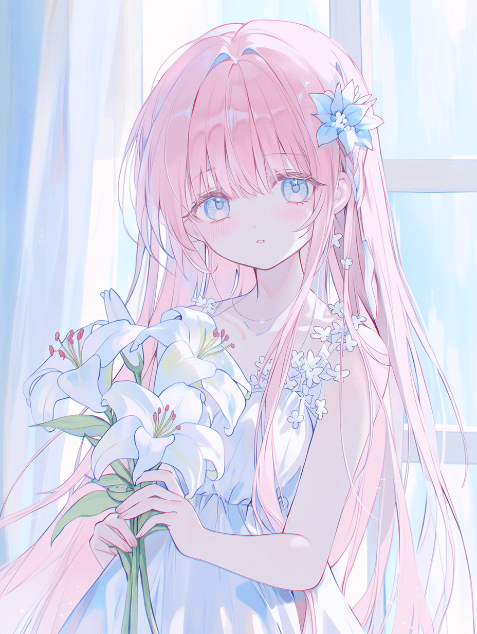动漫风格，长粉发年轻女子手持白百合花，身穿白色连衣裙，佩戴蓝色花卉发饰，窗边柔和自然光照射，采用淡彩色调，营造梦幻氛围，杰作，最佳质量，高度细节