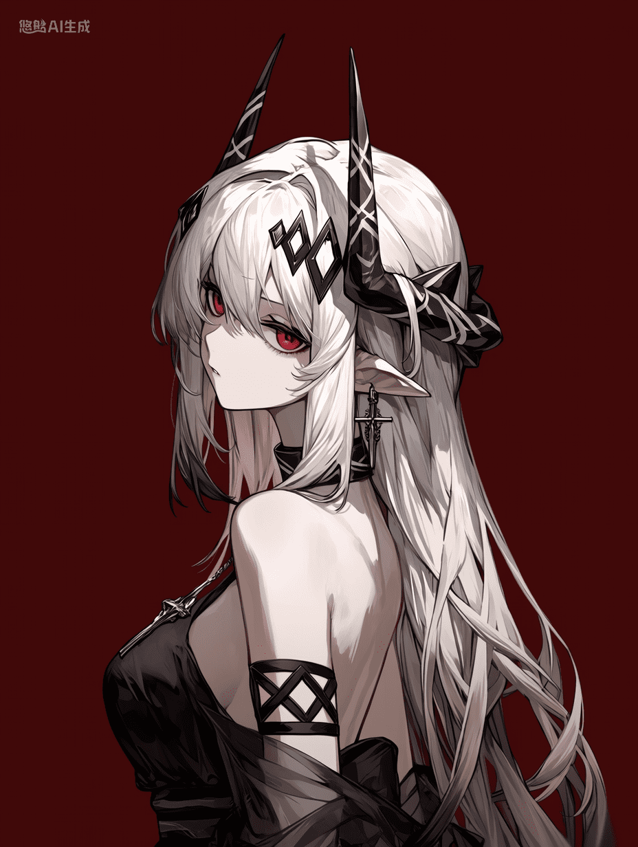 动漫风格，来自《明日方舟》的泥岩，白发女战士，黑色犄角，红色眼睛，身穿带有几何图案的黑色连衣裙，佩戴十字架项圈，深红色背景，侧脸视角，杰作，最佳质量，高度细节