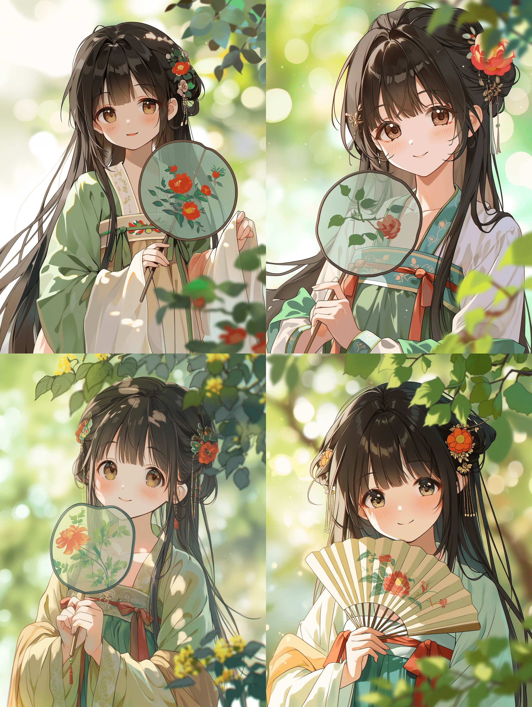 动漫风格，身着传统汉服的中国少女，乌黑长发配红色花朵发饰，手持彩绘团扇，面带温柔微笑，采用三分法构图，浅景深，背景为虚化的树叶光斑，电影级画面构图