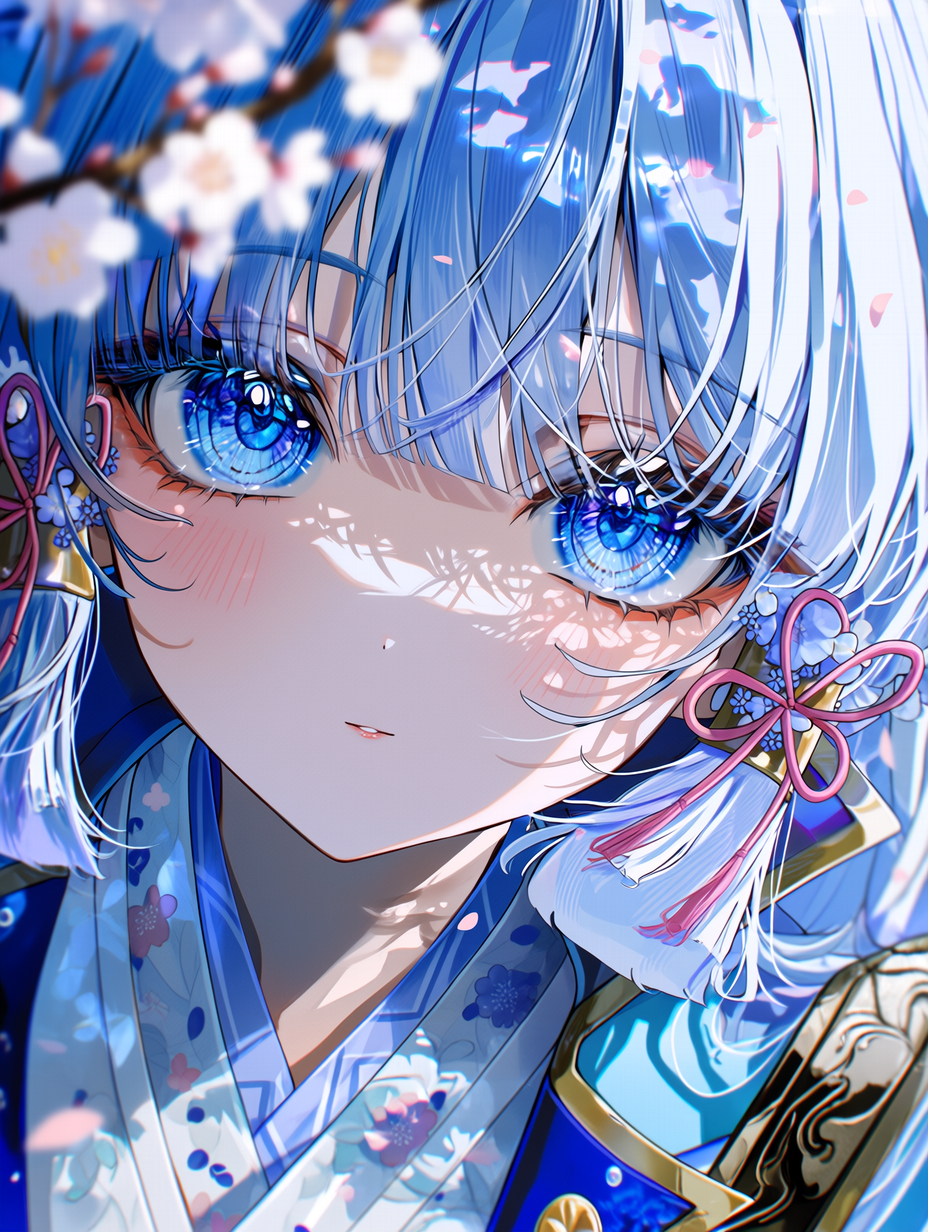 神里绫华的精细动漫插画，樱花美学风格，光泽感浅蓝色长发带有柔和高光，富有表现力的蓝色眼睛包含细致反光，精致的蓝白配色和服布料饰有花卉刺绣，柔和春日体积光照明，飘落的樱花花瓣与剑饰细节，专业数字艺术，面