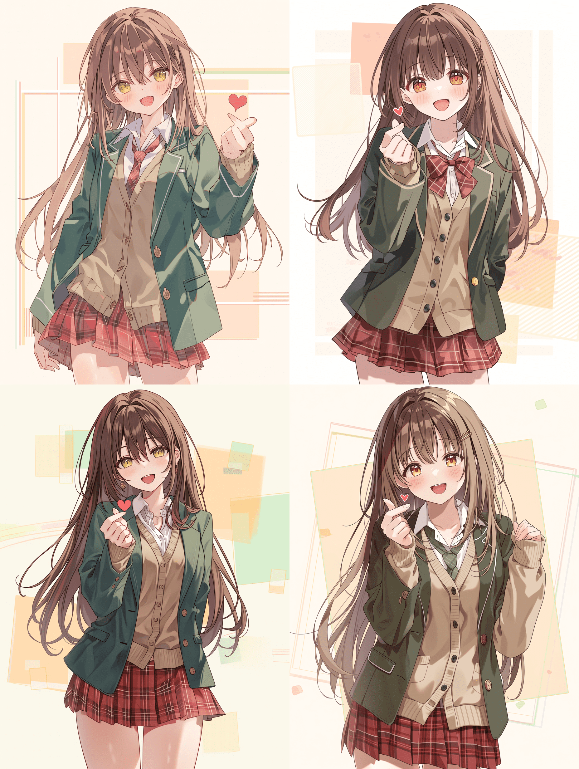 动漫风格，年轻女性，长棕色头发，琥珀色眼睛，绿色校服西装，红色格子裙，米色针织开衫，开心的表情并做出手指比心的手势，柔和的粉彩色背景带有几何图形，杰作，最佳质量，高度细节