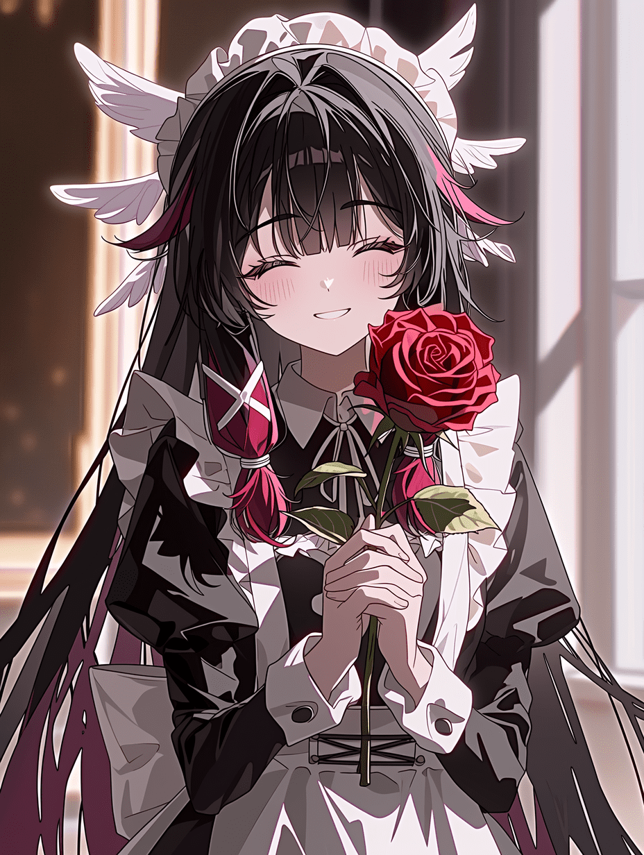 来自《原神》的哥伦比娅，身穿带有蕾丝围裙的黑白女仆装，温柔地手持一朵红玫瑰，闭着双眼露出甜美的微笑，黑色长发带有粉色发梢，佩戴白色羽翼状发饰，柔和的室内光线，浪漫的氛围，高质量动漫插画