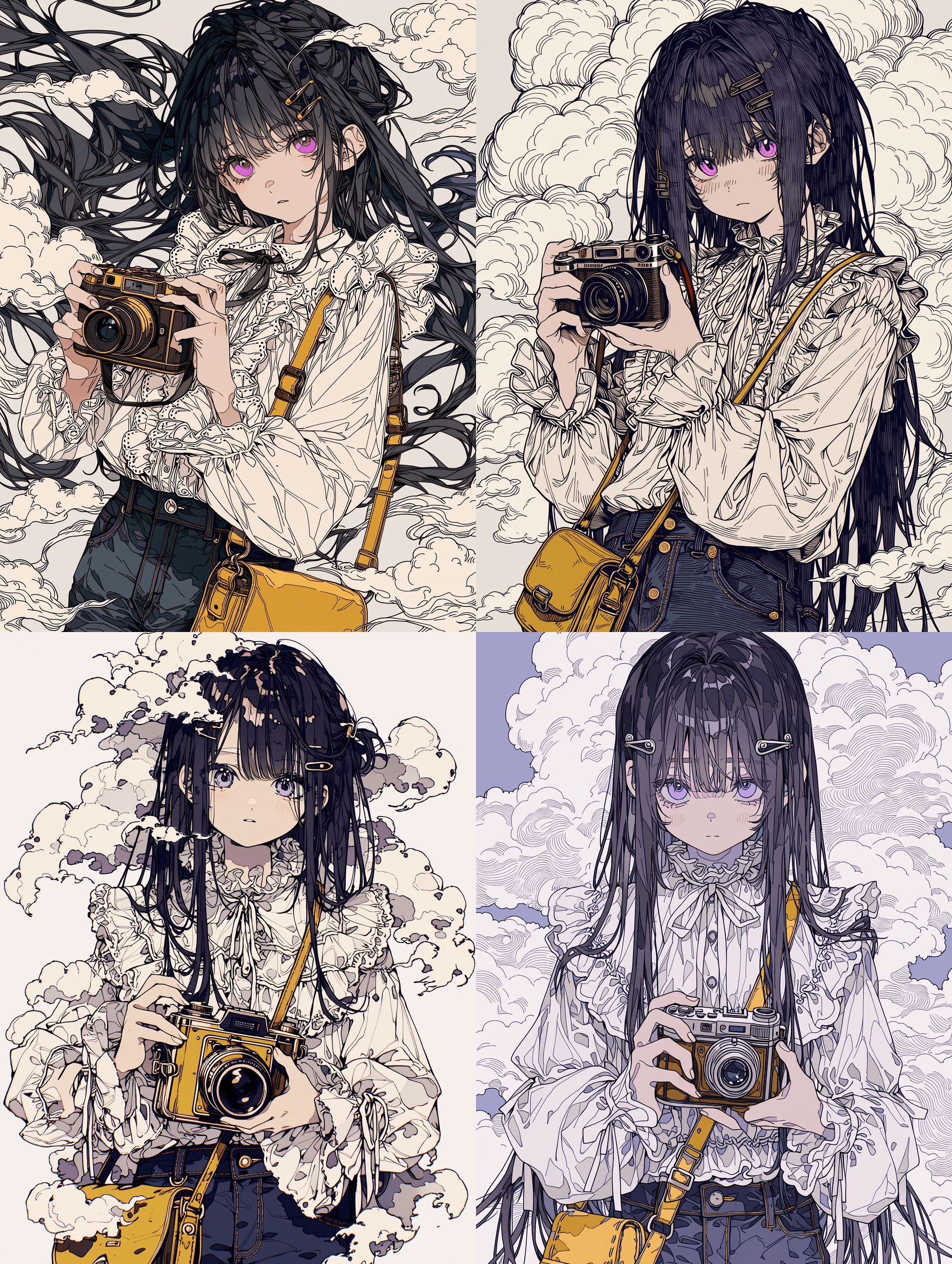动漫风格插画，一位长发黑发、紫色眼眸的年轻女性，身穿白色荷叶边衬衫（前系带）与深色牛仔裤，手持复古相机，肩背黄色斜挎包，发丝细腻带发夹，布料褶皱与荷叶边精致繁复，面部特征清晰聚焦，云层细节丰富，线条锐