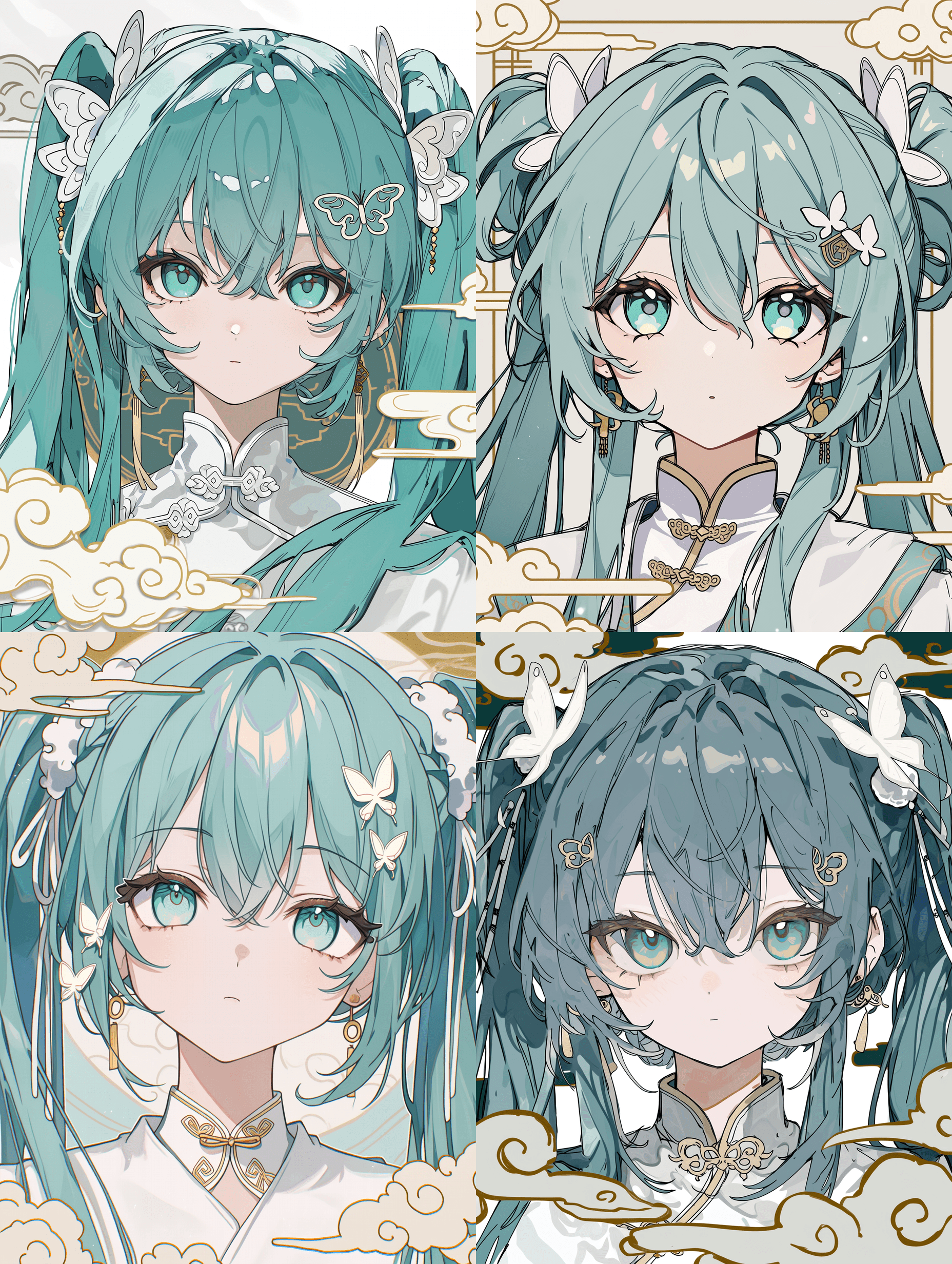 初音未来的肖像，融合传统日式与中式风格，神情宁静，青绿色双马尾，佩戴白色蝴蝶配饰，身着立领白袍，背景为风格化云纹与金色点缀，线条锐利，数字绘画干净利落，专业级动漫人像，气质优雅迷人，高分辨率，眼部与发