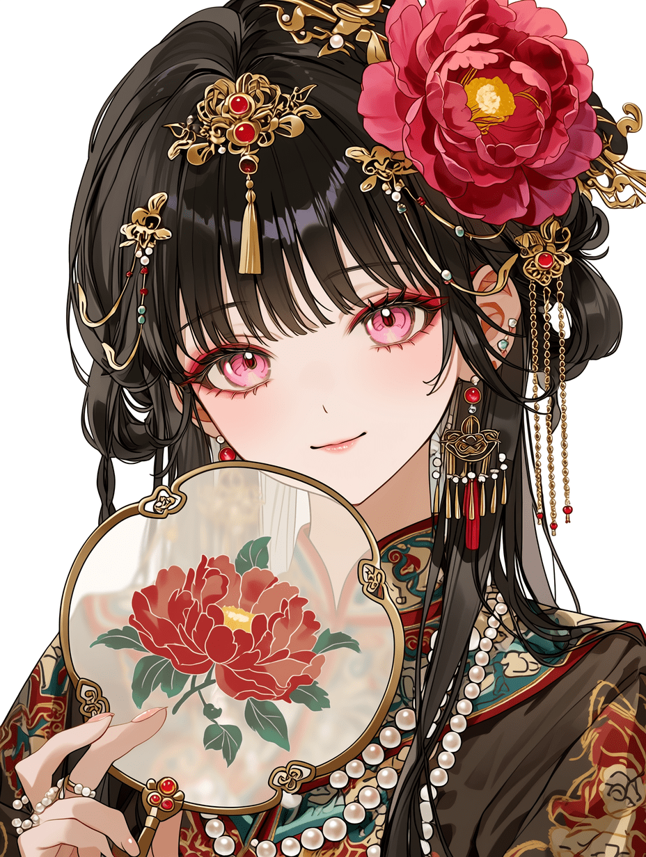 动漫风格，身着传统中式汉服的年轻女子，乌黑长发配以精致金簪与红色牡丹花，手持绘有梅花图案的装饰团扇，粉色眼眸，面带温柔微笑，服饰布料纹理超精细，佩戴镶珍珠与流苏的复杂首饰，发丝细腻，画面锐利聚焦，8K
