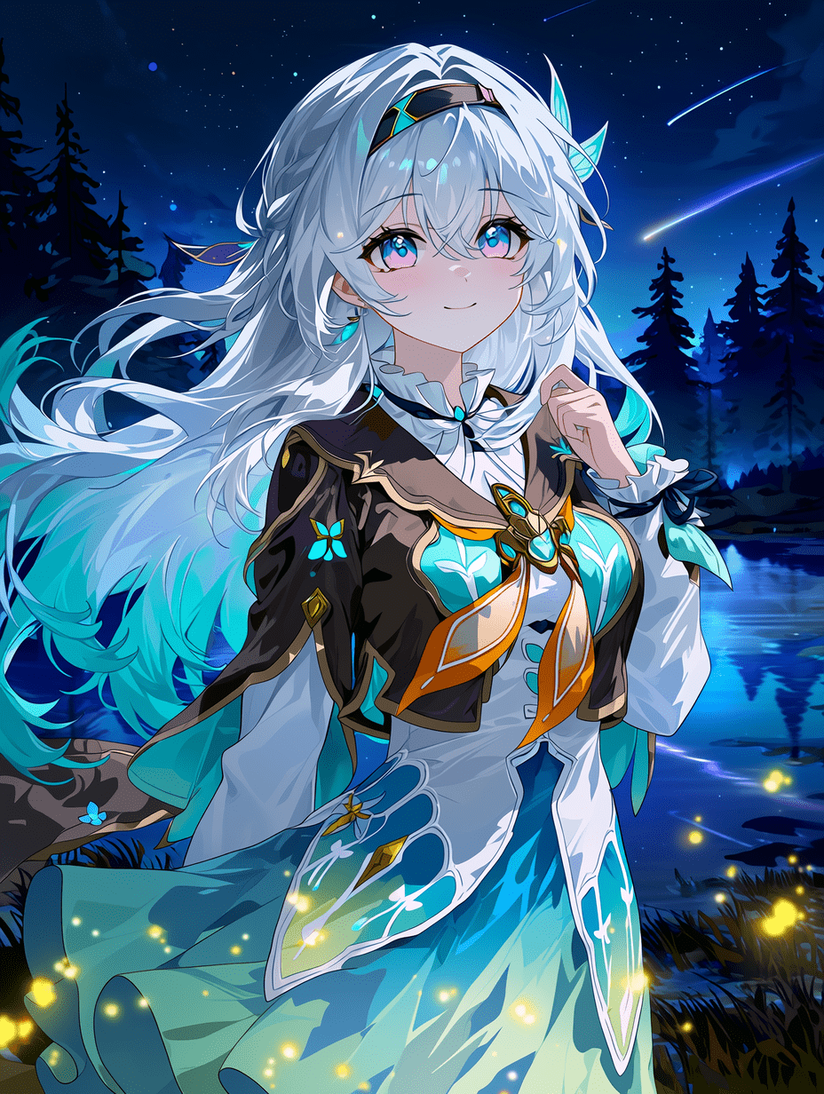 流萤，《崩坏：星穹铁道》，星夜冒险风格，银白色长发以半扎造型垂落，发尾呈蓝绿色渐变，明亮的蓝紫色眼眸，身穿深棕色夹克，饰有蓝绿与金色装饰，内搭荷叶边白色衬衫，橙色与蓝绿色相间的颈巾，蓝绿渐变百褶裙上点