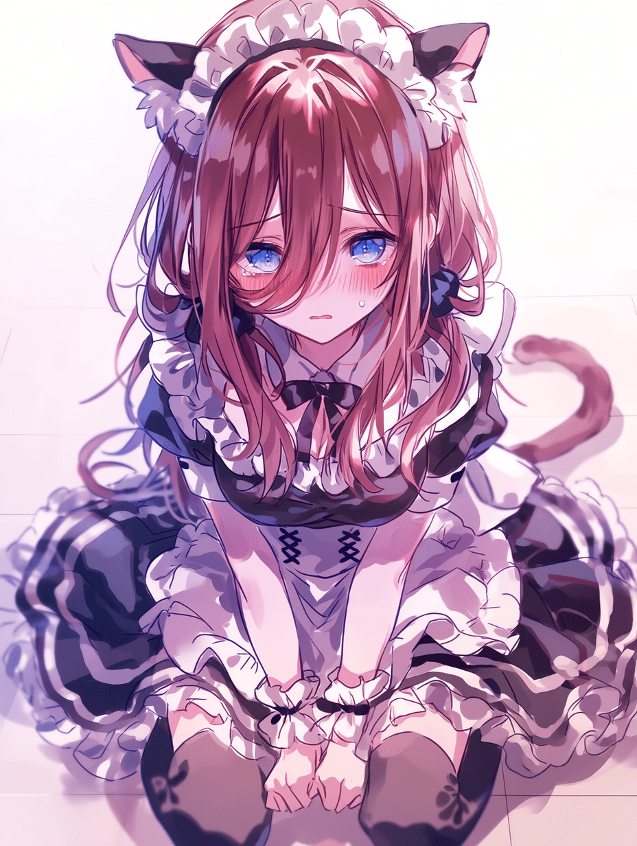 动漫风格，来自《五等分的新娘》的中野四叶，身穿黑白荷叶边猫女仆装，棕色长发，蓝色眼睛，面带娇羞红晕，呈跪姿，柔光照明，使用柔和粉彩色调，杰作，最佳画质，高度细节化