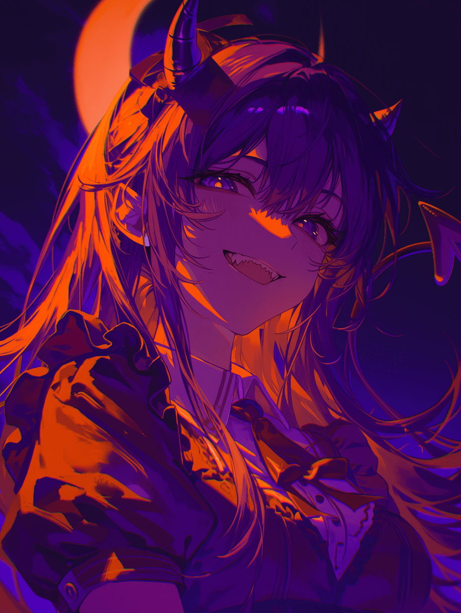 动漫风格，紫色长发的恶魔少女，万圣节主题，戏剧性的月光照明，发丝带有轮廓光，月光柔和辉映，电影感氛围，忧郁而俏皮，鲜明的橙紫色调