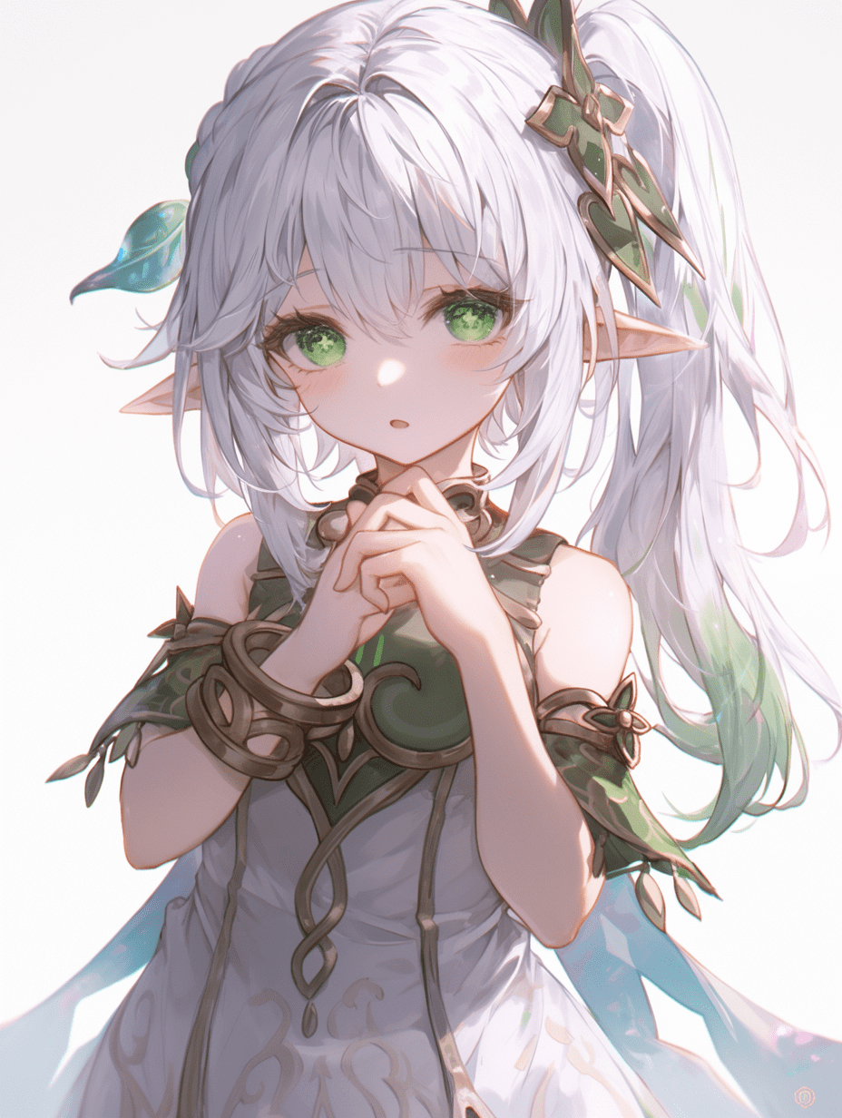 原神角色纳西妲的描绘，一位有着银色头发和绿色眼睛的可爱女孩，身穿白色蕾丝婚纱，动漫风格，纯白背景，高分辨率