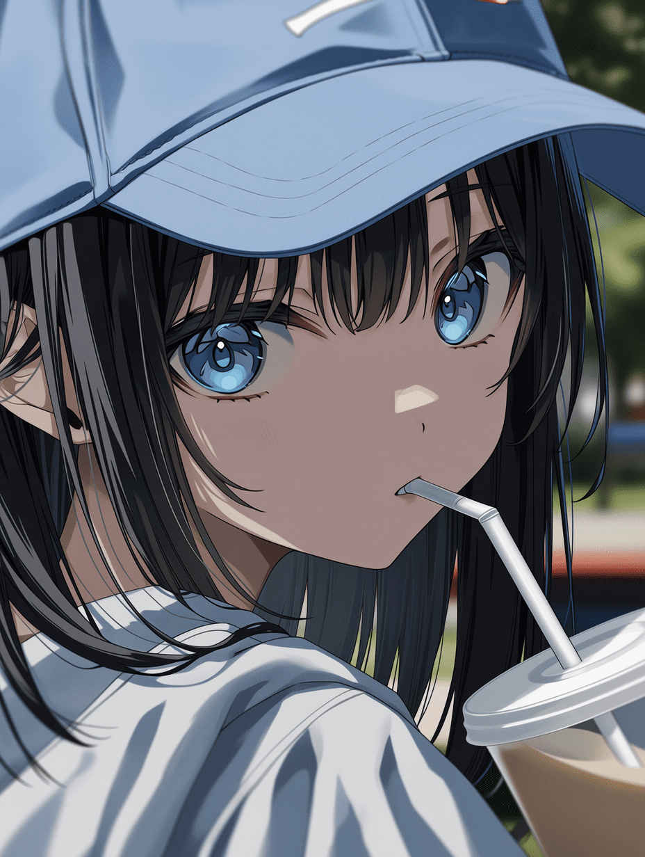 动漫风格，一位蓝眼睛黑发少女，戴着浅蓝色帽子，身穿夹克，正从塑料杯中饮水，特写镜头，三分法构图，浅景深，背景为模糊的公园，专业动漫构图