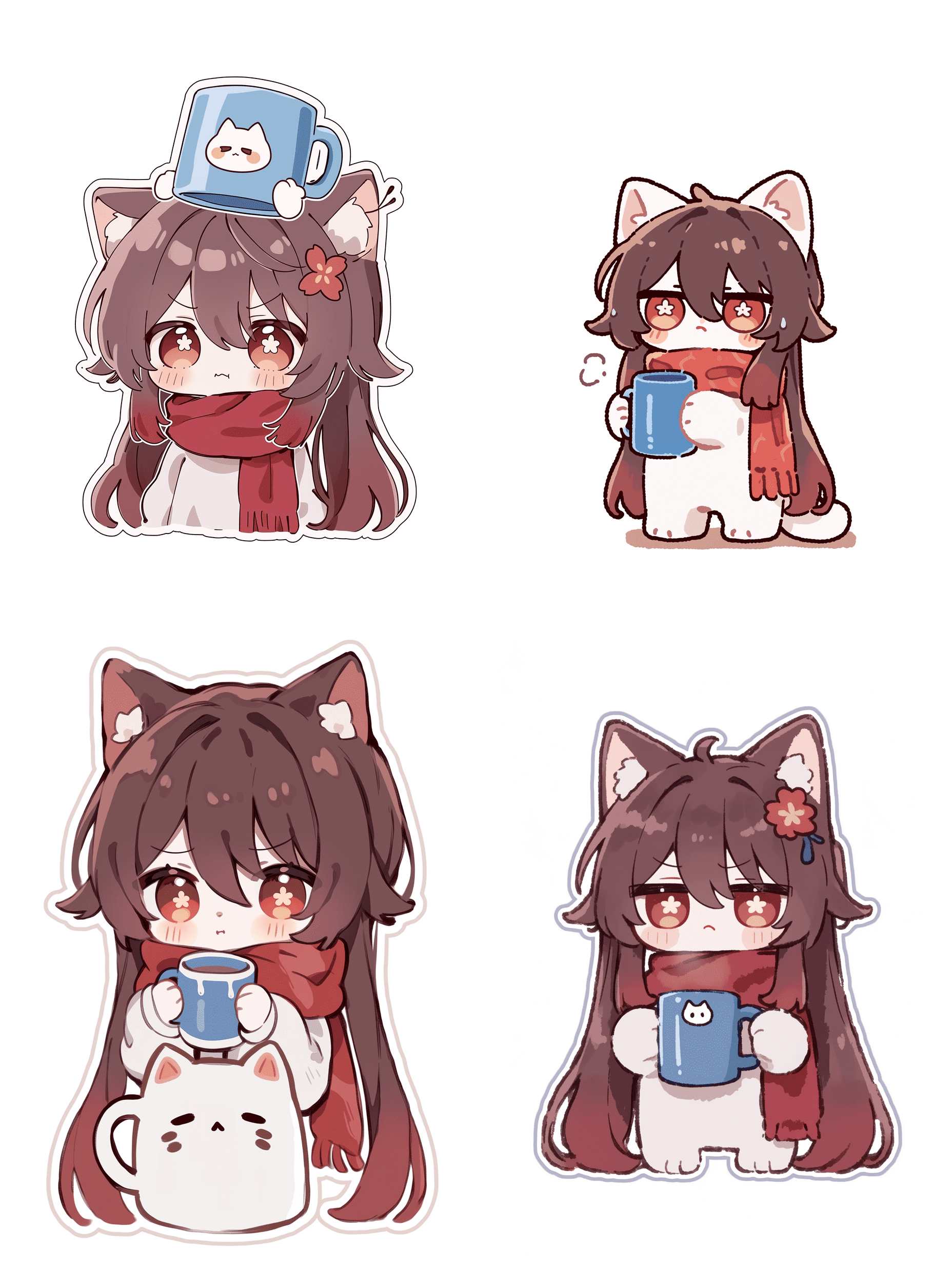 Q版胡桃猫，棕色长发，猫耳，梅花形瞳孔，红色围巾，白色猫身，倒拿着一个空的蓝色杯子，眼神含泪、嘟嘴，表情可爱又失望，贴纸艺术风格，白底，高质量